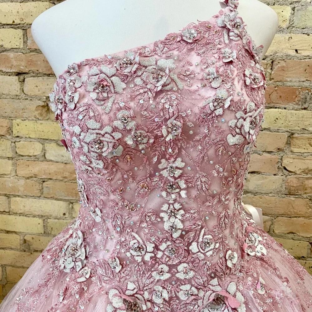 Mori Lee Quiceanera Sweet 16 Pink One Shoulder Ball Gown, sz 18 - Picture 2 of 8